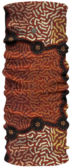 The Canning Stock Route is a track that runs from Halls Creek in the Kimberley region of Western Australia to Wiluna in the mid-west region. With a total distance of around 1,850 km (1,150 mi) it is the longest historic stock route in the world. This unique Headsox design painted by artist Roxanne Anderson traces the route through the landscape and shows where life giving water can be found.